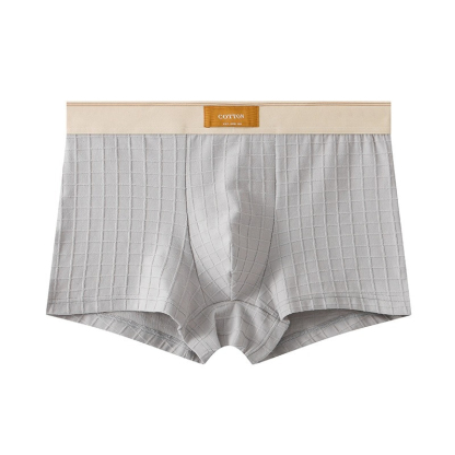 【純棉透氣系列】網孔內襠格紋中腰純色平角男士內褲