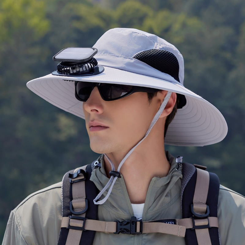 【太陽能風扇涼感加倍】大帽簷防曬透氣網格速乾防曬戶外露營徒步漁夫帽