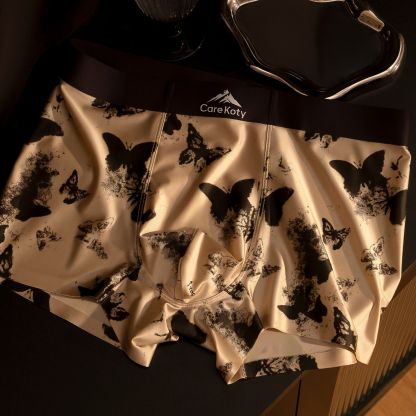 【優雅輕奢系列】冰絲緞面蝴蝶印花高級感桑蠶絲透氣內襠中腰男士平角内褲