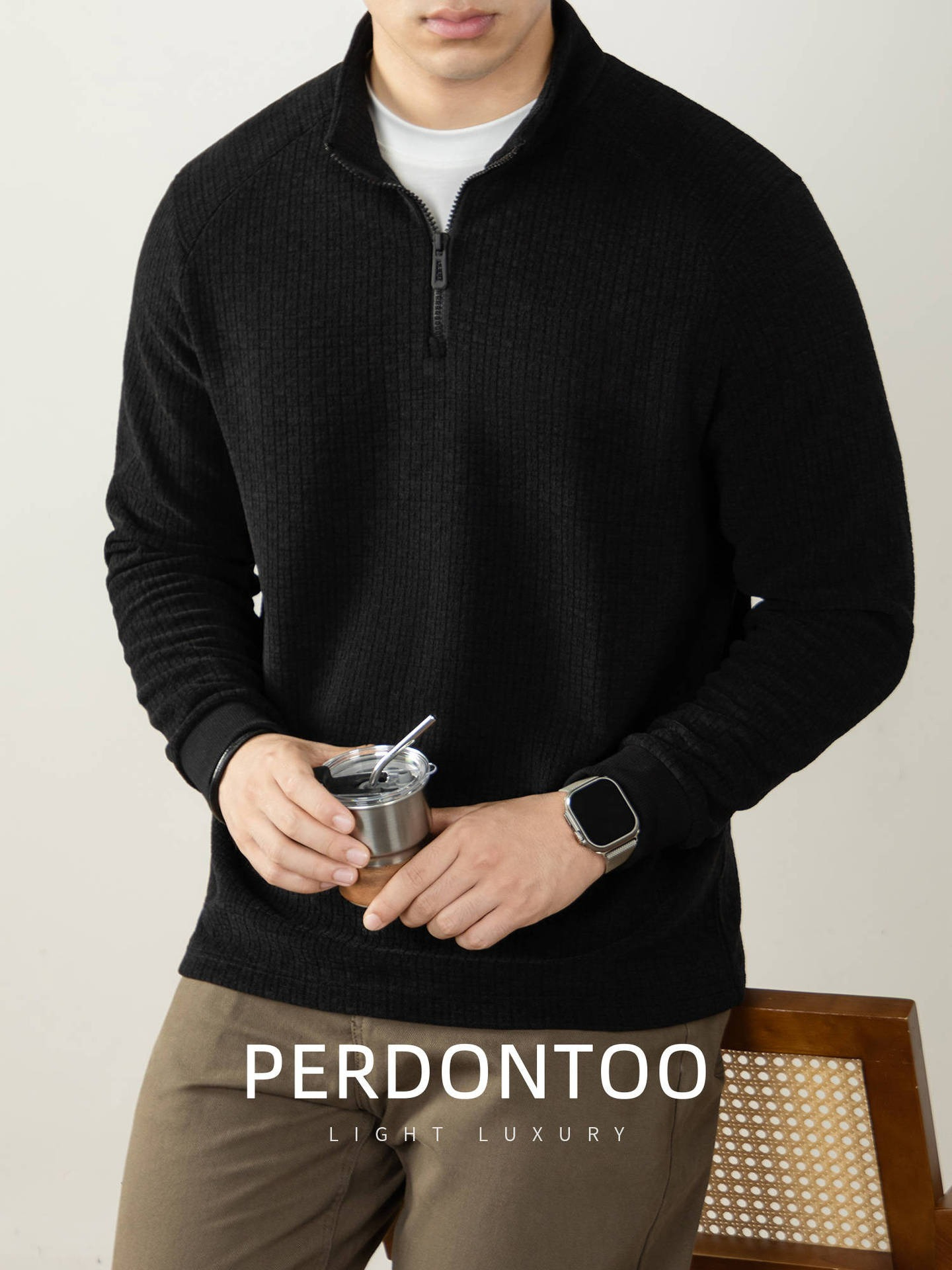 【高端質感】升級羊毛桑蠶絲蓄熱保暖拉鏈立領純色長袖衛衣毛衣