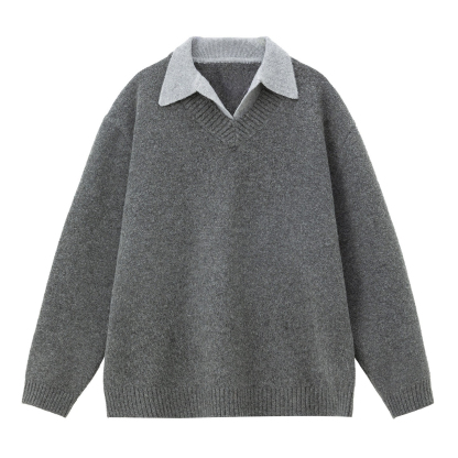 【高質感老錢風】假兩件V領復古毛衣翻領POLO男士針織衫