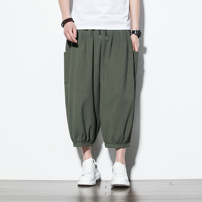 【簡約日系】冰絲潮流七分褲側邊口袋燈籠褲短褲