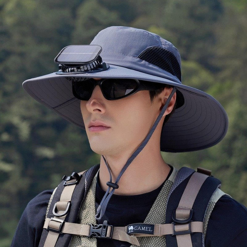【太陽能風扇涼感加倍】大帽簷防曬透氣網格速乾防曬戶外露營徒步漁夫帽