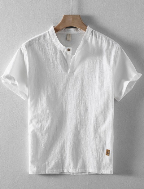 【立领亚麻】透氣棉麻五分袖套头衬衣短袖