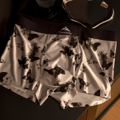 【優雅輕奢系列】冰絲緞面蝴蝶印花高級感桑蠶絲透氣內襠中腰男士平角内褲