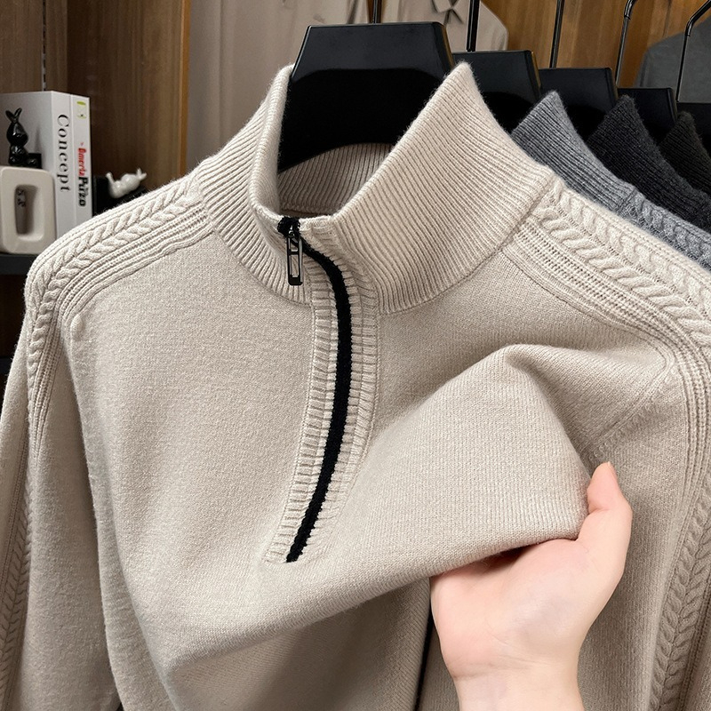 【高級半拉鏈提花設計】精選羊毛蓄熱保暖半拉鏈提花立領針織男士打底衫長袖