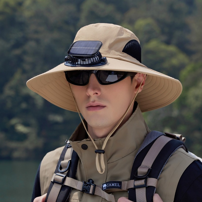 【太陽能風扇涼感加倍】大帽簷防曬透氣網格速乾防曬戶外露營徒步漁夫帽