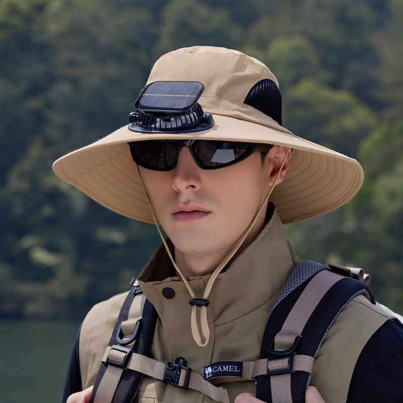 【太陽能風扇涼感加倍】大帽簷防曬透氣網格速乾防曬戶外露營徒步漁夫帽