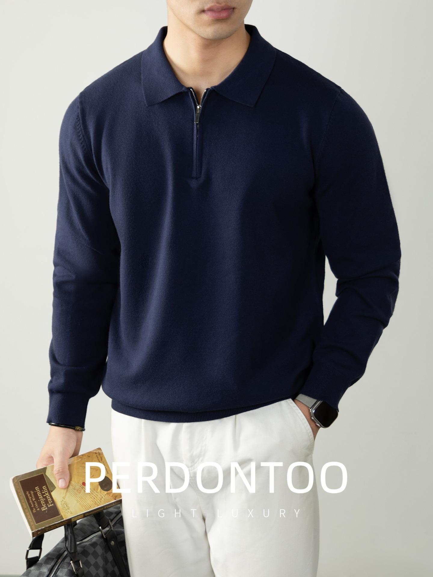 【輕奢商務系列】輕柔莫代爾羊毛半拉鏈翻領時尚百搭男士針織衫