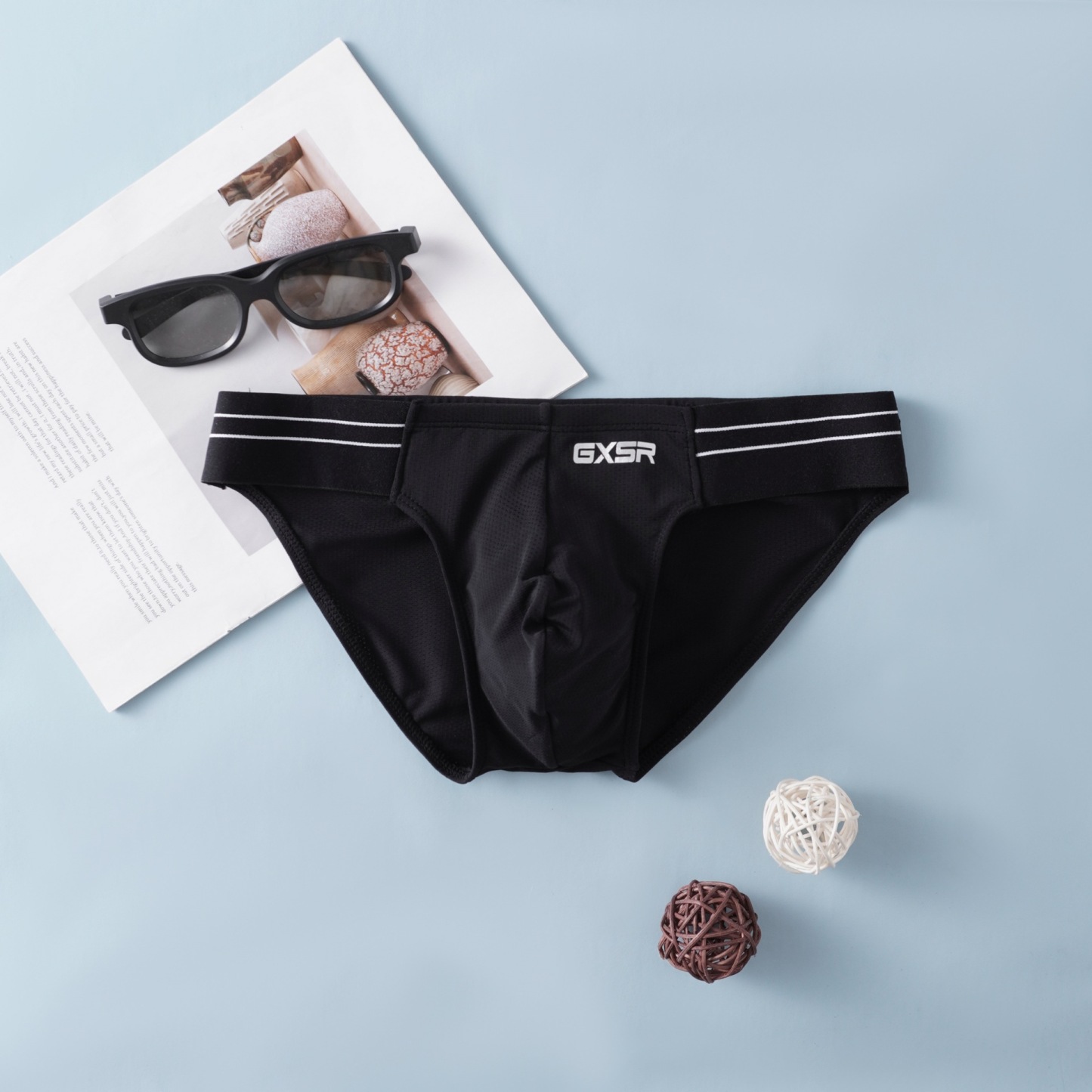 【螺紋冰絲系列】立體U凸大囊袋~新款條紋腰邊開叉不磨腿運動風男士內褲