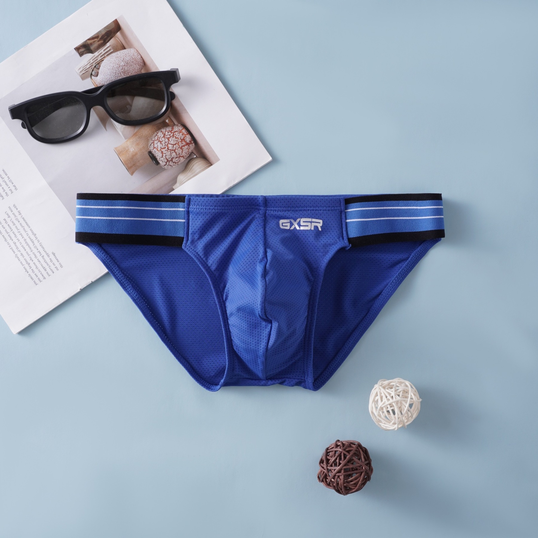 【螺紋冰絲系列】立體U凸大囊袋~新款條紋腰邊開叉不磨腿運動風男士內褲