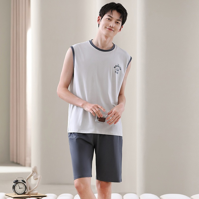 【親膚莫代爾】夏季莫代爾撞色背心無袖可外穿男士睡衣套裝