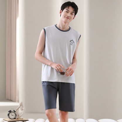 【親膚莫代爾】夏季莫代爾撞色背心無袖可外穿男士睡衣套裝