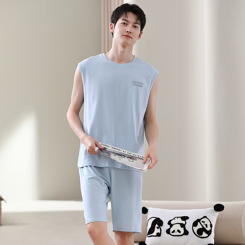 【親膚莫代爾】夏季莫代爾撞色背心無袖可外穿男士睡衣套裝