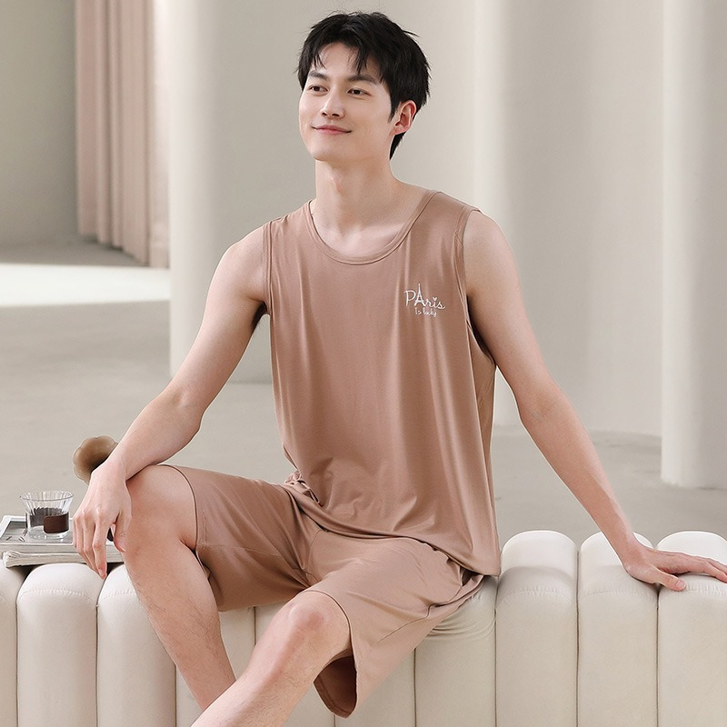 【親膚莫代爾】夏季莫代爾撞色背心無袖可外穿男士睡衣套裝