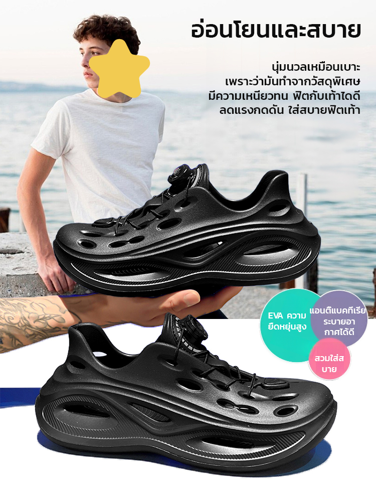 【🥰ไม่ต้องผูกเชือก👍】รองเท้าฉลุลลายลำลองผู้ชายแบบมีปุ่มหมุนกันลื่นได้