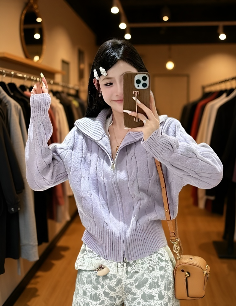 【? แต่งซิปรูดได้2ด้าน สีน่ารักมาก】เสื้อคลุมไหมพรมถักลายเคเบิลสุดคิวท์