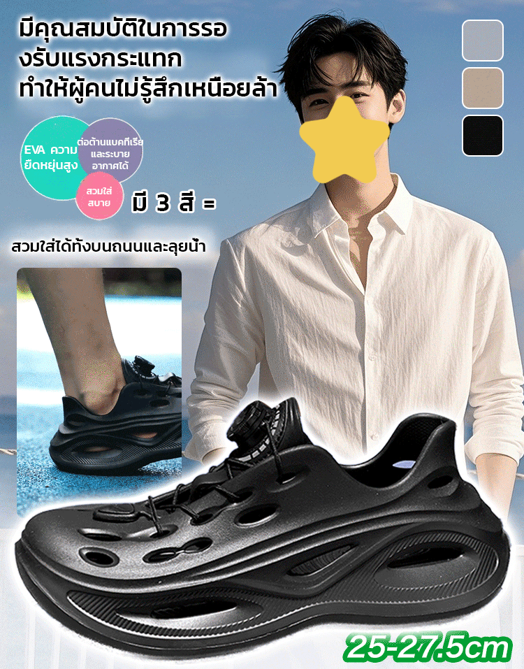 【🥰ไม่ต้องผูกเชือก👍】รองเท้าฉลุลลายลำลองผู้ชายแบบมีปุ่มหมุนกันลื่นได้