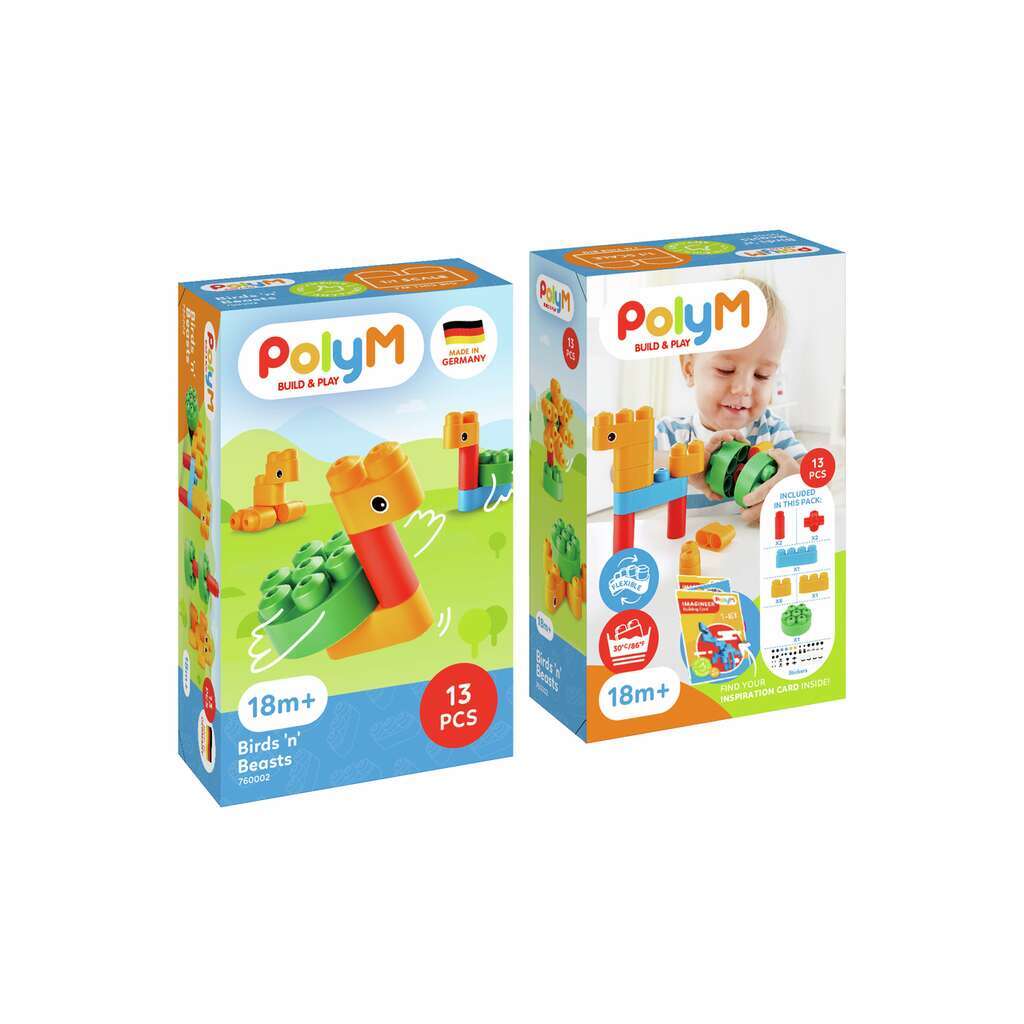 Poly M 鳥類 & 野獸積木套裝 (13pcs) | 材質柔韌無尖角，讓孩子安心抓握與拼砌 | 適合 1.5 歲+