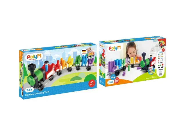 Poly M 彩虹數字火車積木套裝 (43pcs) | 材質柔韌無尖角，讓孩子安心抓握與拼砌 | 適合 2-6 歲