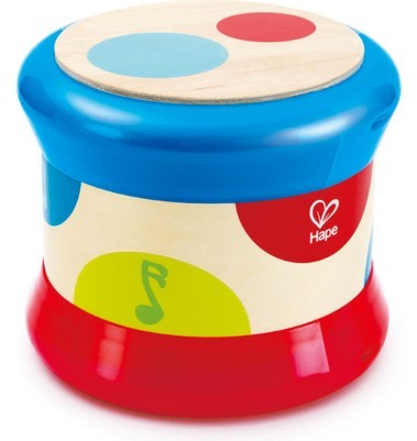 木質彩色音樂鼓玩具展示多角度視圖，配有紅藍敲擊區域