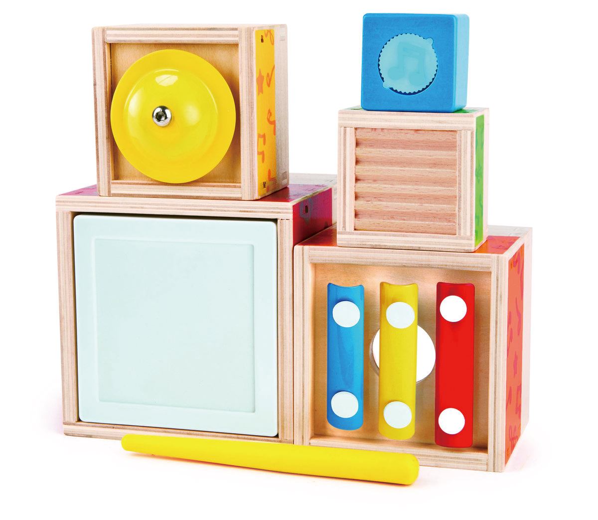 五個不同大小的木質音樂積木整齊排列展示五種樂器