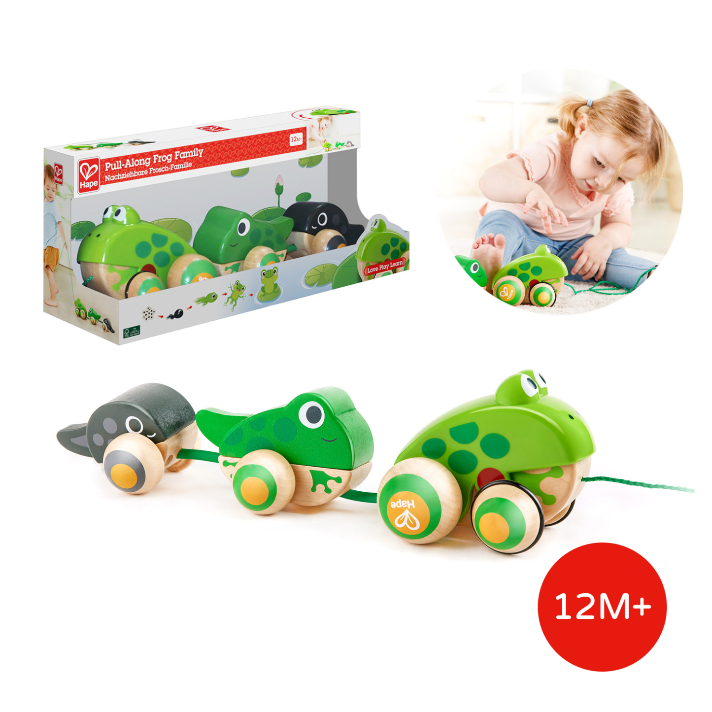 幼兒拉動繩子帶領青蛙媽媽散步，訓練粗大動作與平衡力