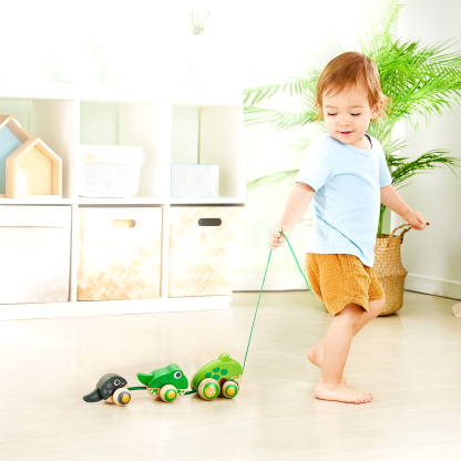 色彩鮮豔的動物主題拉拖玩具，促進手眼協調與步行信心