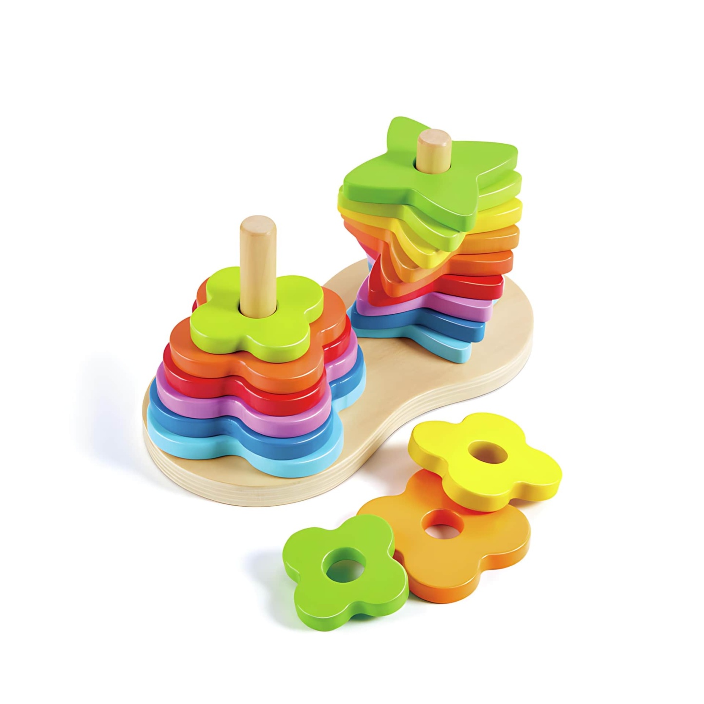 彩虹色漸變堆疊玩具，花朵星星雙形狀設計，適合幼兒手眼協調訓練