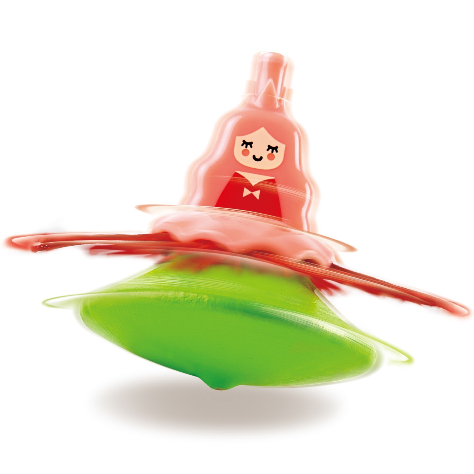 芭蕾舞者造型玩具在桌面旋轉的側面視角。