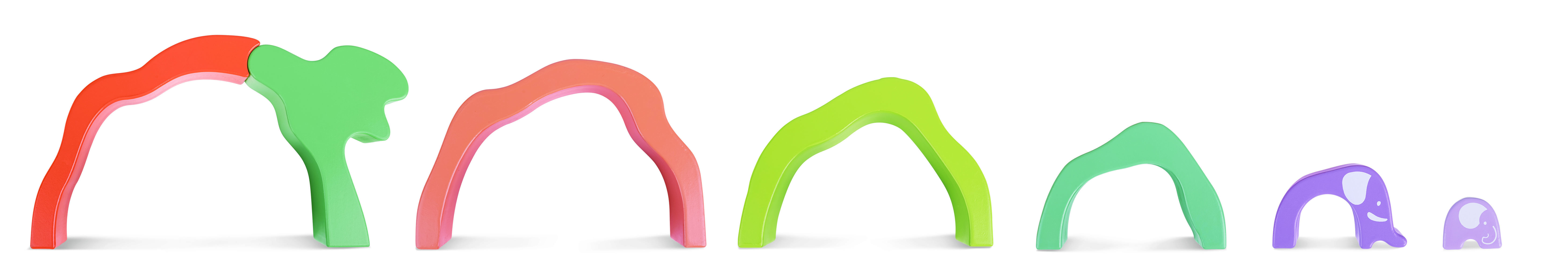 兩隻大象積木與五個拱形積木組合，訓練兒童空間思維與手眼協調