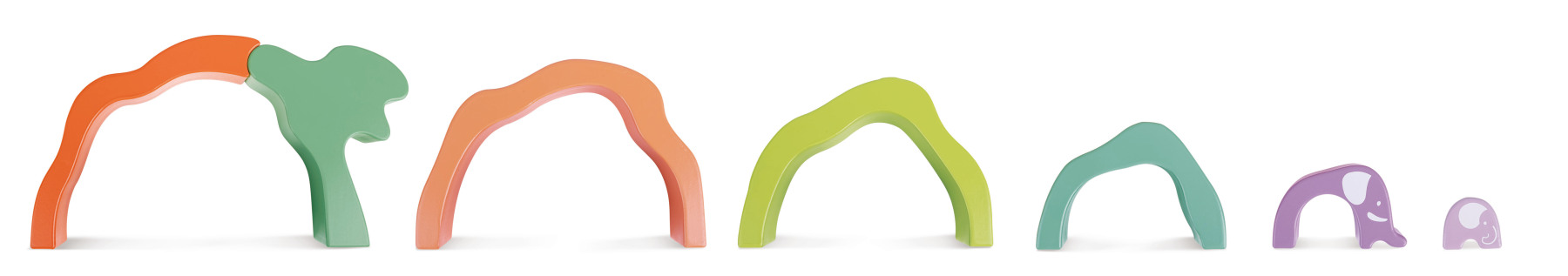 兩隻大象積木與五個拱形積木組合，訓練兒童空間思維與手眼協調