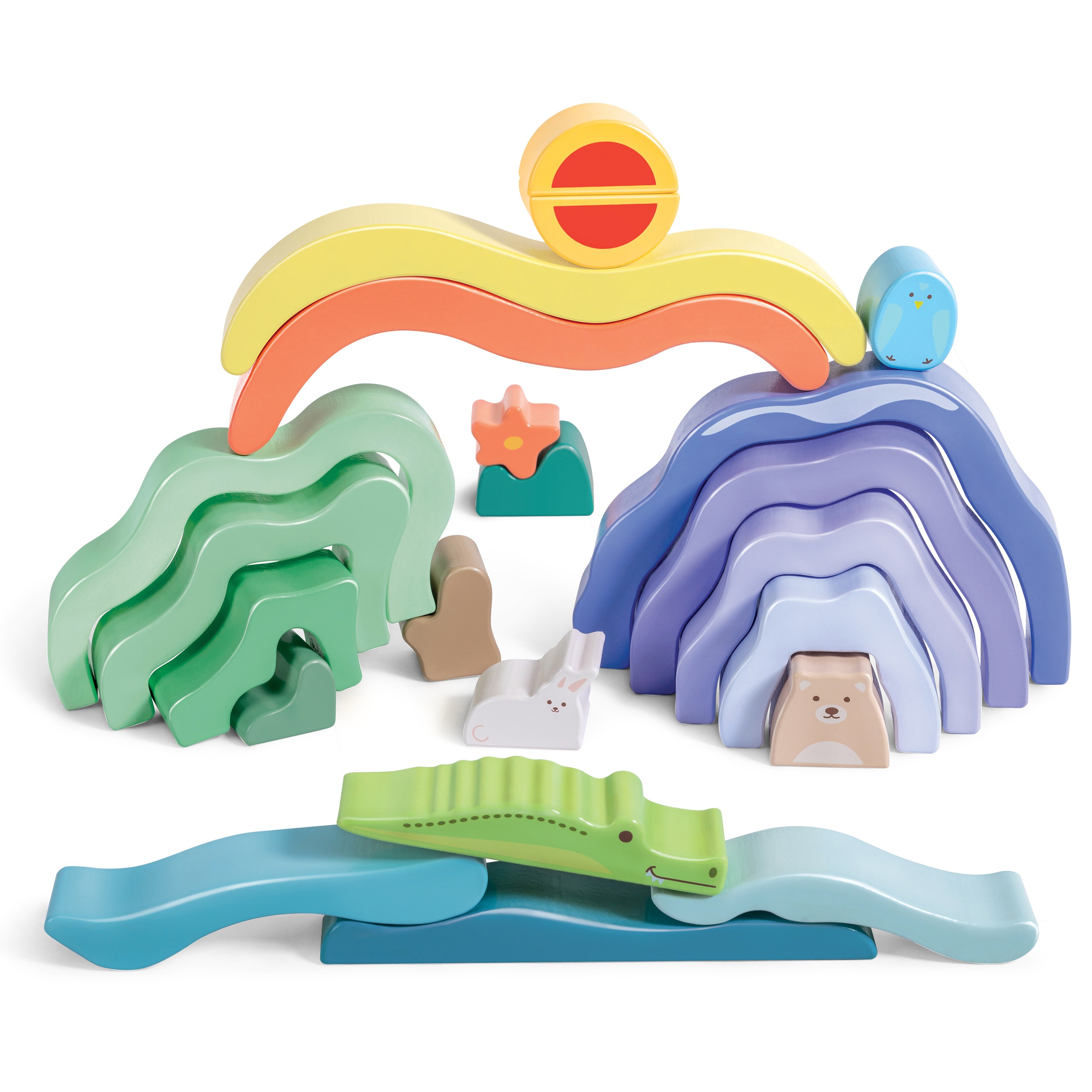 色彩鮮豔的木質積木堆疊遊戲，適合幼兒手眼協調訓練