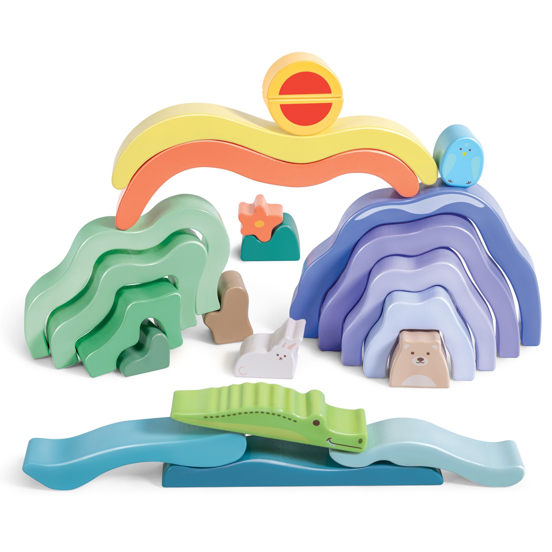 色彩鮮豔的木質積木堆疊遊戲，適合幼兒手眼協調訓練