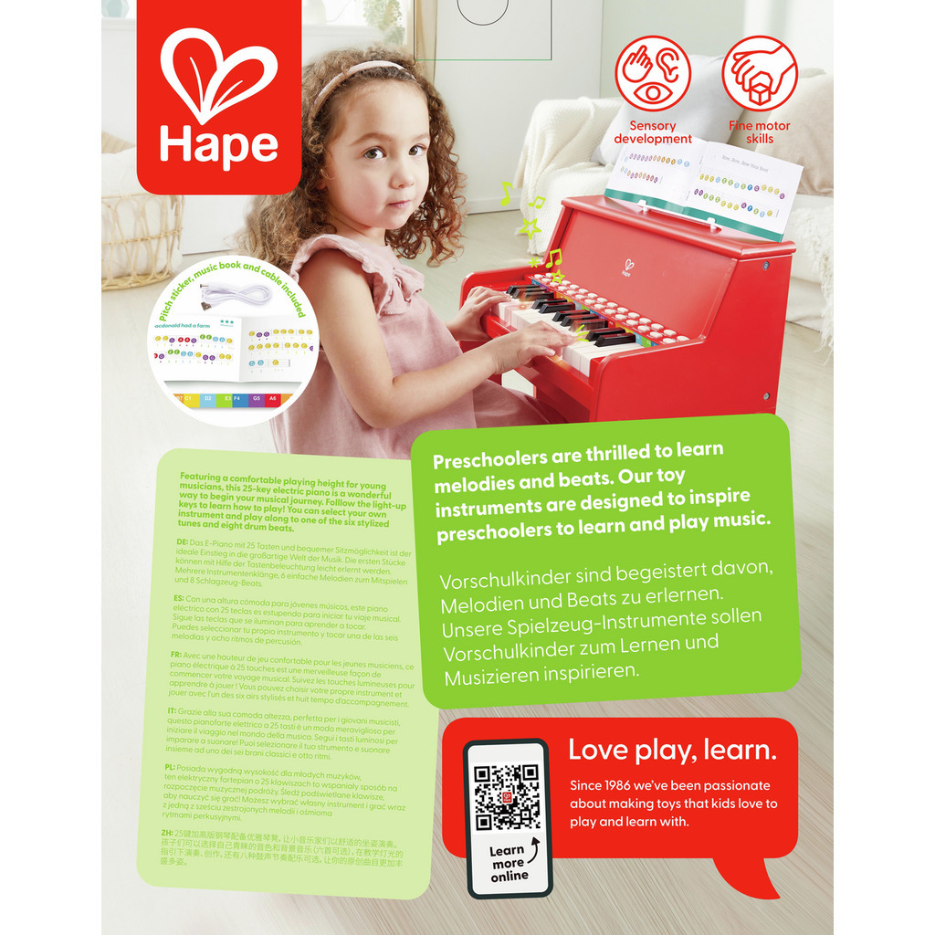 Hape 學習燈光 25鍵 鋼琴連凳 - 紅 (3-6Y) \\BEST SELLER//