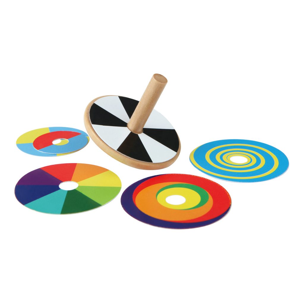 彩色旋轉陀螺木製益智玩具展示多款圖案圓盤與操作方式