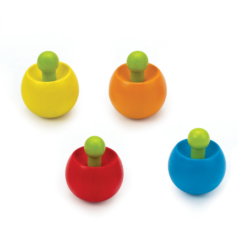 多色木質陀螺整齊排列展示不同色彩選擇