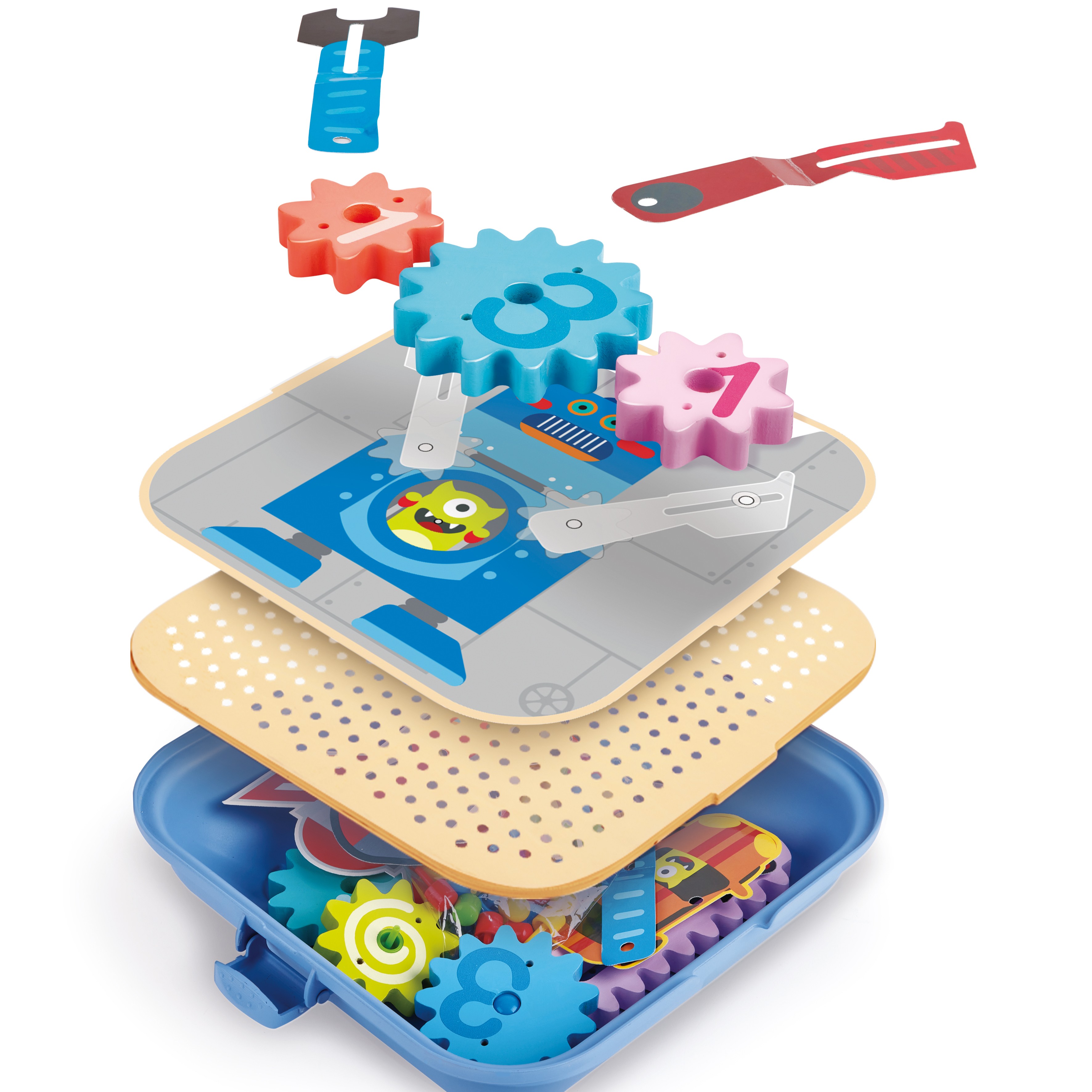 附可鎖式收納箱的幼稚園教具套裝，包含多個齒輪與彩色釘子配件