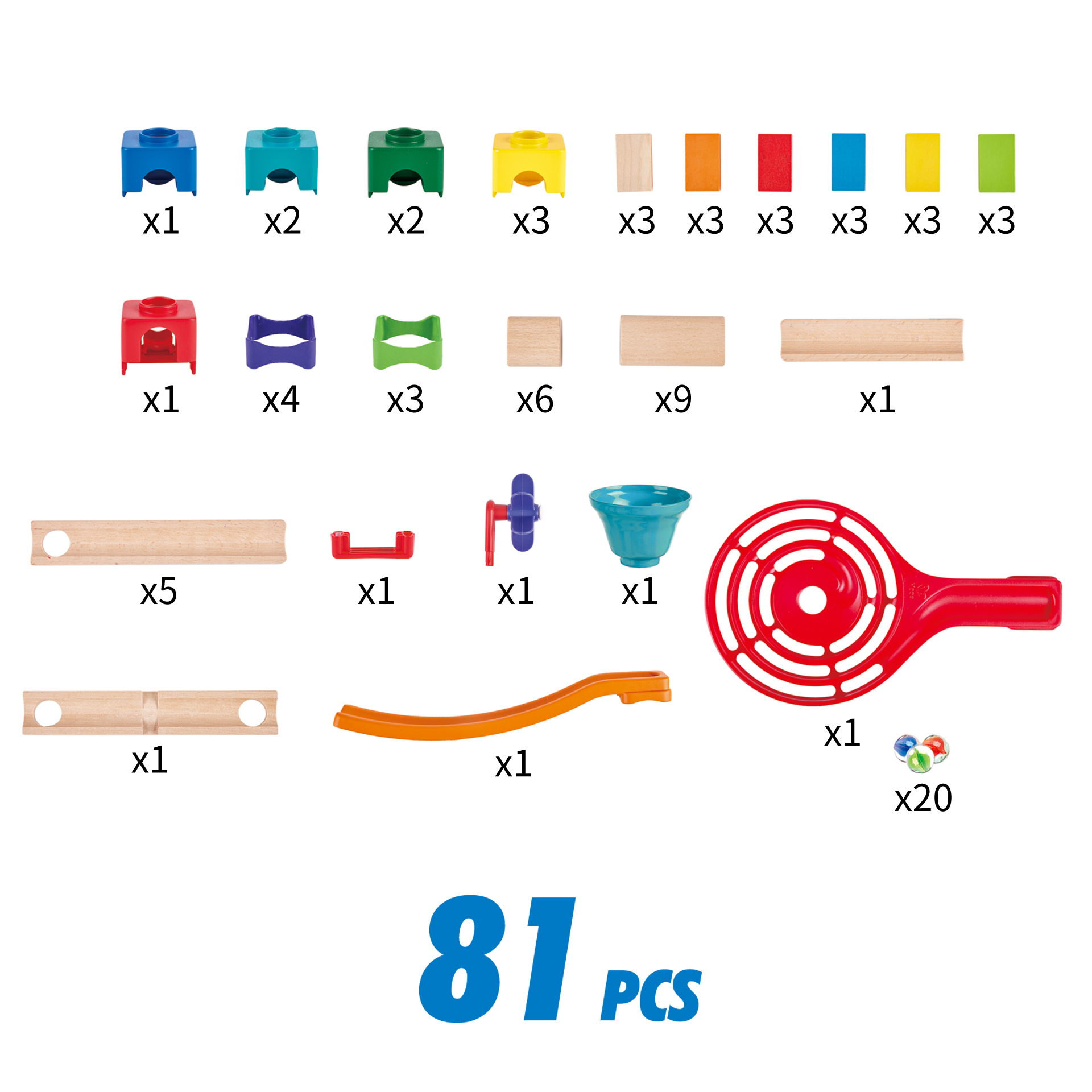多件式木製軌道積木組件展示及配件配置