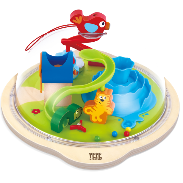 幼兒在遊戲桌上觀察木珠滑落雙滑道的視覺追蹤情境