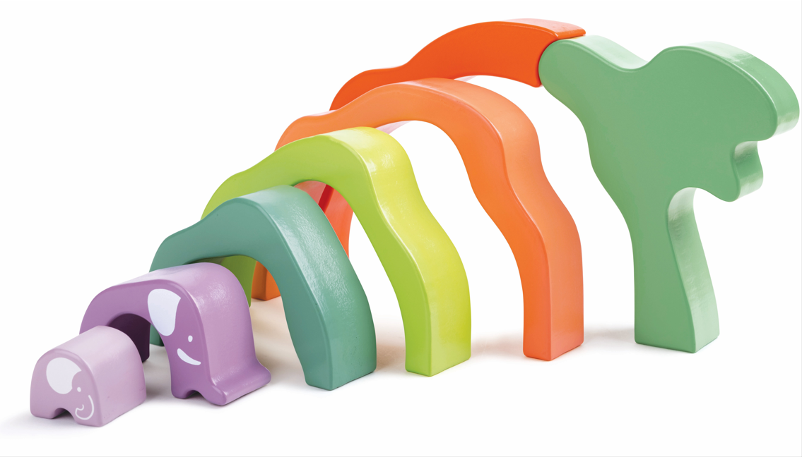 兩隻大象積木與五個拱形積木組合，訓練兒童空間思維與手眼協調