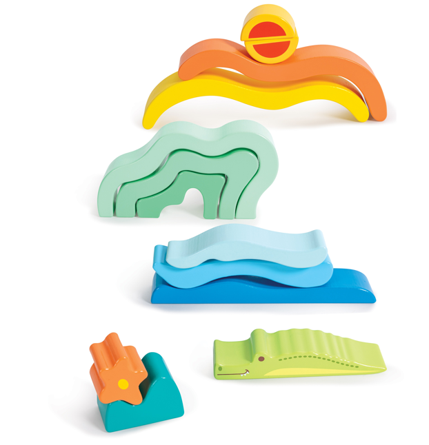 色彩鮮豔的木質積木堆疊遊戲，適合幼兒手眼協調訓練