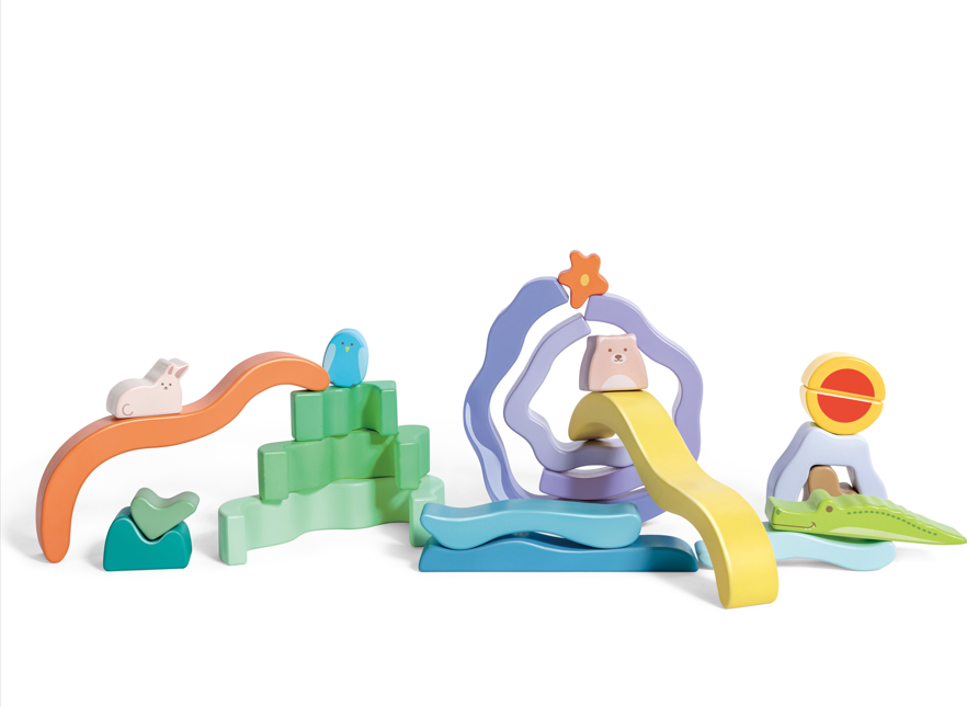 自然場景主題積木配搭動物角色的開放式遊戲場景