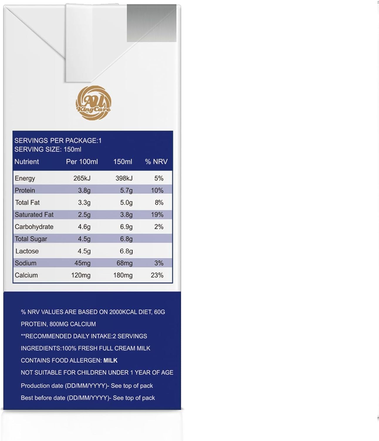 Au Kingcare Pure Full Cream Milk 150ml*32box/carton 