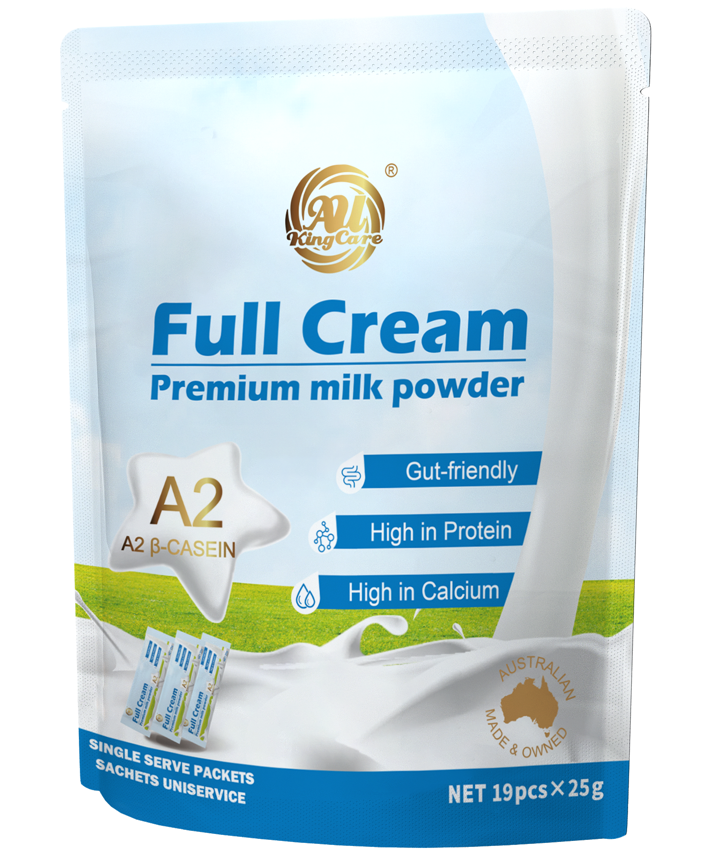 AU KingCare A2 β-Casein Full Cream Premium Milk Powder (475g | 19 x 25g Sachets)