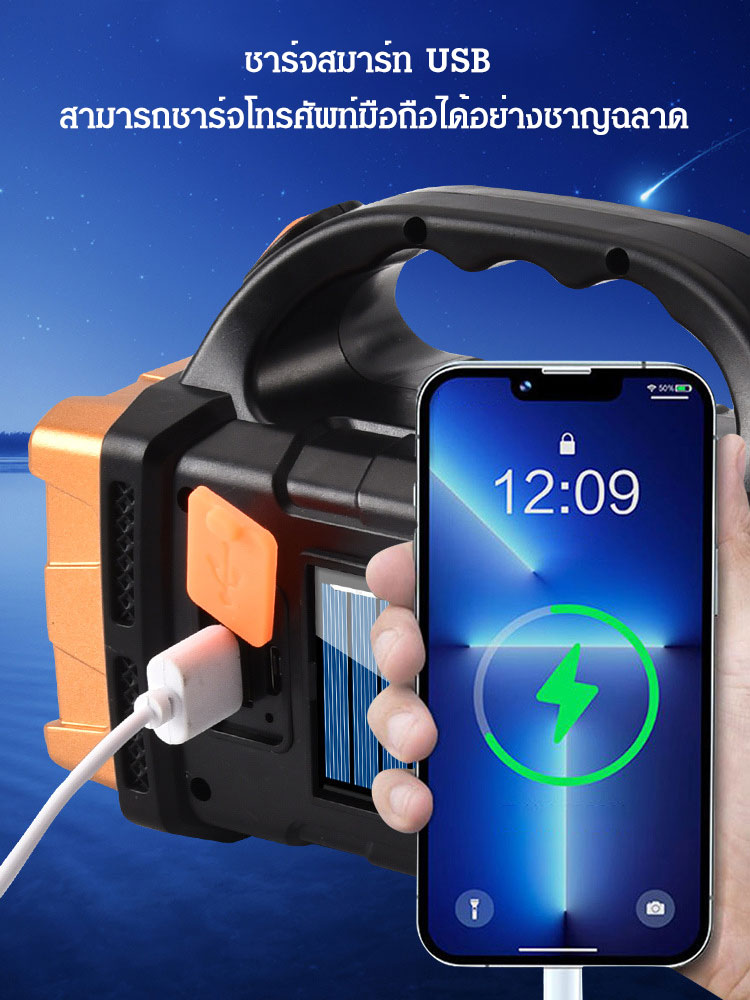 ไฟฉายพลังงานแสงอาทิตย์แสงจ้าสีขาว+สีเหลือง