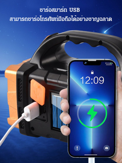 ไฟฉายพลังงานแสงอาทิตย์แสงจ้าสีขาว+สีเหลือง