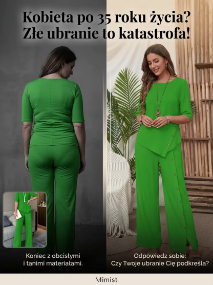 Zestaw ze spodniami i koszulką z nieregularnymi guzikami, efekt wyszczuplający