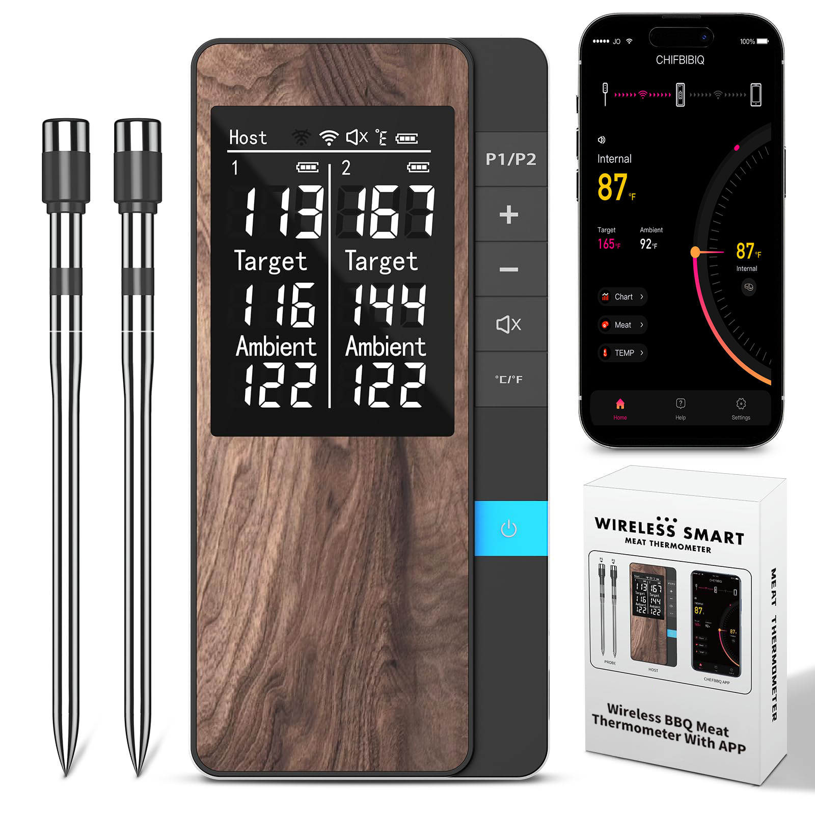 Grillpar - Smart Bluetooth Meat Thermometer, Wireless Temperature Monitor for Steak, Smoking, and BBQ