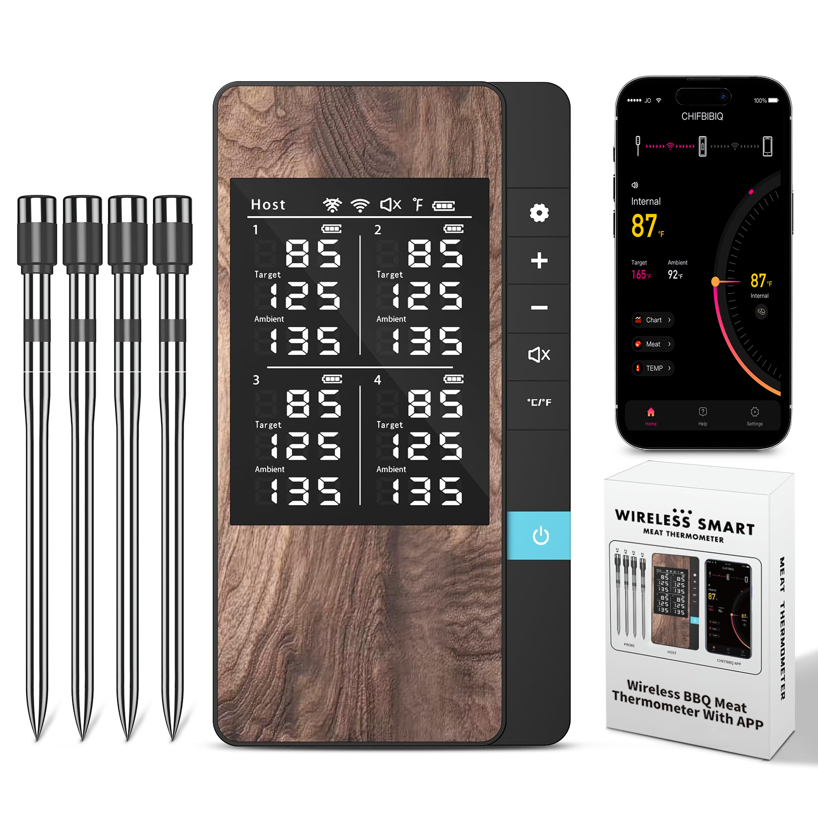 Grillpar - Smart Bluetooth Meat Thermometer, Wireless Temperature Monitor for Steak, Smoking, and BBQ